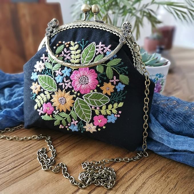 Eforcase Flower Embroidery Kit Tote Bag, Embroidery Coin Purse Kits Handbag Hand Embroidery Kit for Adults Beginner with Embroidery Patterns, Embroidery Hoop,DIY Sewing Kit