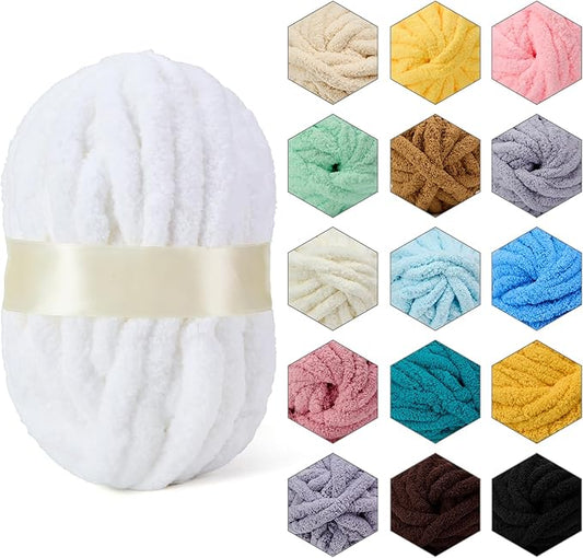 ERLYEEN Chenille Chunky Yarn Super Bulky Soft Thick Fluffy Jumbo Giant Washable Polyester Big Yarn DIY for Arm Knit Blanket Cushion Bed Sofa Home Decor,White,0.55LB