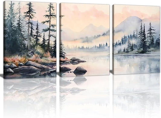 WENGTIAO 3 Pink Green Fog Forest Lake Canvas Wall art, Pine Watercolor Landscape Mural Sunset Misty Mountain Wall Pictures Posters Art Print for Living Room Bedroom Office Home Decor 12"x16"x3 Pcs