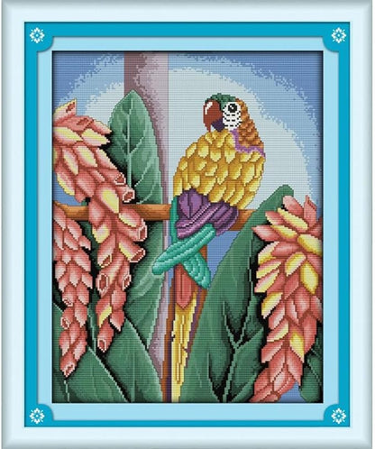 JOYSEWING Parrot Pattern Counted Cross Stitch Stamped Kits Advanced Embroidery Art Starter Kits for DIY Beginner-Friendly Home Decor Printed Pattern Canvas (Parrot(11CT) 17.72 ×17.72 inch)