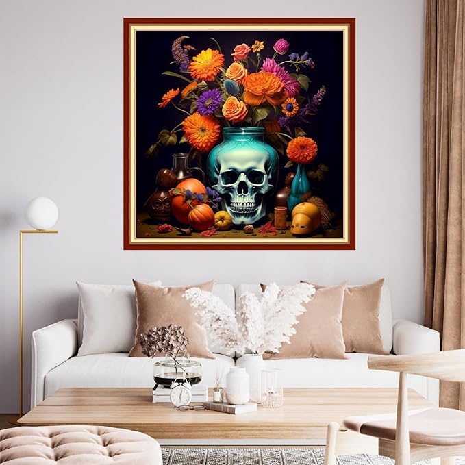 Findvoor Stamped Cross Stitch Kits for Beginner Embroidery Kits for Beginners Adults DIY 11CT Crossstitch Patterns Needlepoint Kits Crossstitching Kits-Stitch Supplies-Flower Skeleton 18x18 inch