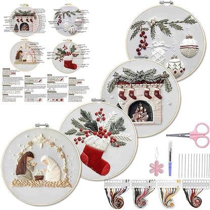 WKALXJ 4 Sets Christmas Embroidery Kits for Adults, Embroidery Kit for Beginners, Cross Stitch Kits for Beginners with Pattern, Needles, Threads, Tools (Holly+Fireplace+Stocking+Nativity Manger)