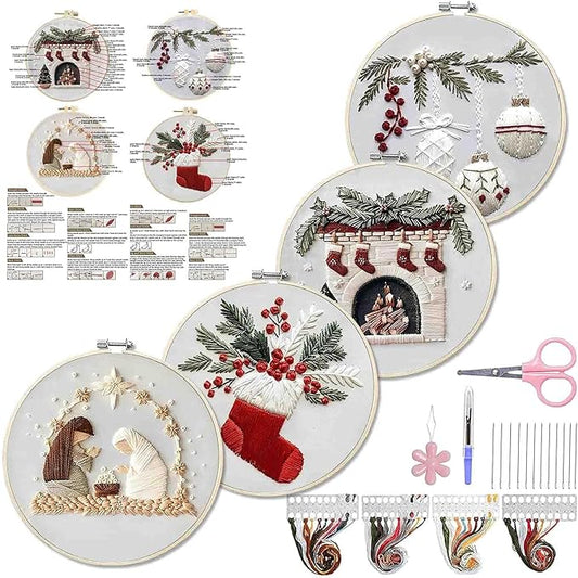 WKALXJ 4 Sets Christmas Embroidery Kits for Adults, Embroidery Kit for Beginners, Cross Stitch Kits for Beginners with Pattern, Needles, Threads, Tools (Holly+Fireplace+Stocking+Nativity Manger)