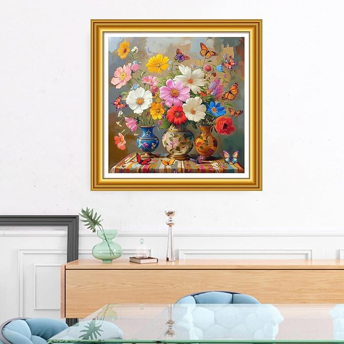 Foxhool Stamped Cross Stitch Kits,11CT Printed Cross Stitch Pattern Full Embroidery Kits for Beginner Needlepoint Kits&Beautiful Flower vase 18x18 inch
