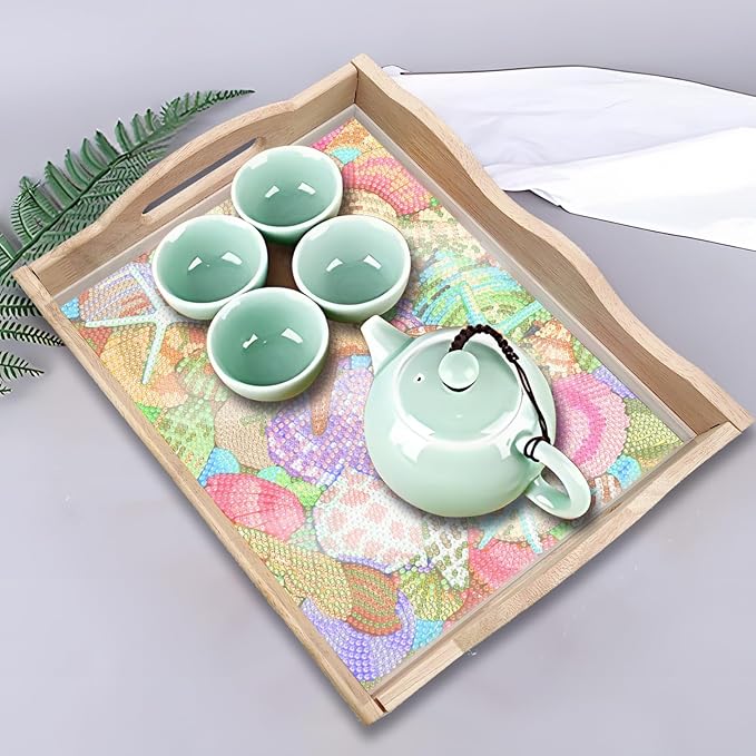 DIY Diamond Art Wooden Tray Kit With Handle, Painted Table Decoration for Breakfast, Bar Dinner, Gem Painting Art Set for Beginners (#08-Starfish Shell)