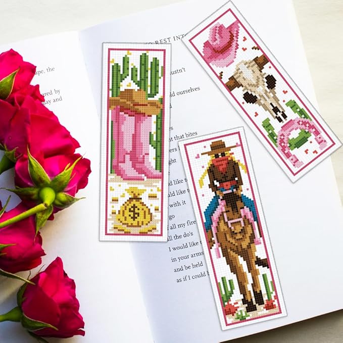 ORIGACH 6 Set Cowboy Cross Stitch Bookmark Kits for Beginner, Western-Style Cowboy Stamped Cross Stitch Kits with Instructions for Adults Bookmarks Lovers