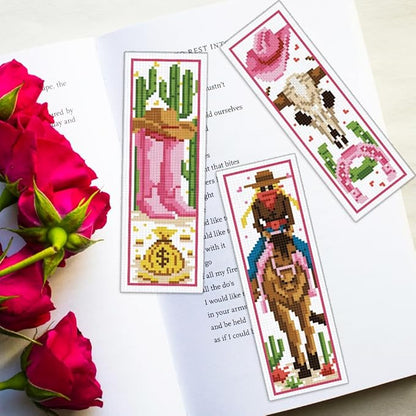 ORIGACH 6 Set Cowboy Cross Stitch Bookmark Kits for Beginner, Western-Style Cowboy Stamped Cross Stitch Kits with Instructions for Adults Bookmarks Lovers