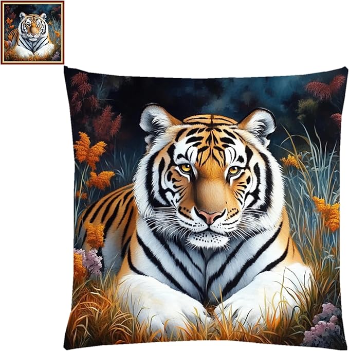 Lovxvouy Pillow Cross Stitch Kits for Adults Beginners-Preprinted Needlepoint Kit Stamped Crossstitching Kits 11CT Cross-Stitch Kit Stitches Kit Embroidery Kits-Forest Tiger 18x18 inchs