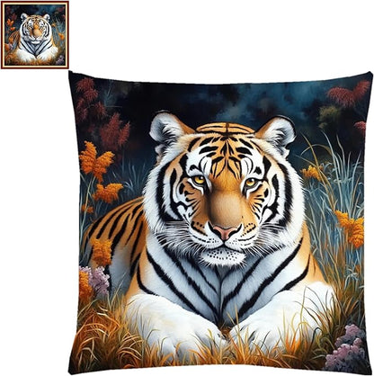 Lovxvouy Pillow Cross Stitch Kits for Adults Beginners-Preprinted Needlepoint Kit Stamped Crossstitching Kits 11CT Cross-Stitch Kit Stitches Kit Embroidery Kits-Forest Tiger 18x18 inchs