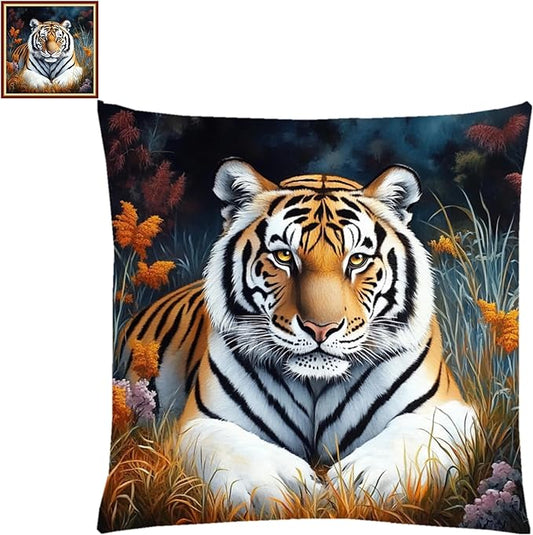 Lovxvouy Pillow Cross Stitch Kits for Adults Beginners-Preprinted Needlepoint Kit Stamped Crossstitching Kits 11CT Cross-Stitch Kit Stitches Kit Embroidery Kits-Forest Tiger 18x18 inchs