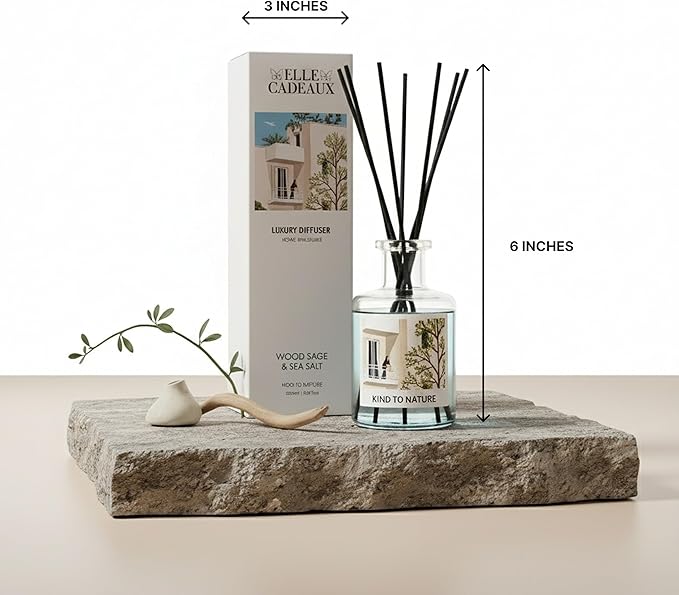 Elle Cadeaux - Wood Sage & Sea Salt Oil Reed Diffuser | Long Lasting Home Fragrance Essential Oils | Reed Diffusers for Home, Room, & Bathroom | Housewarming Gift | 6oz