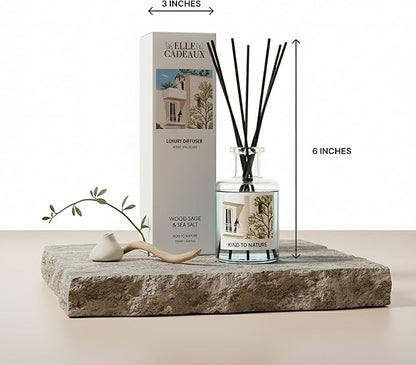 Elle Cadeaux - Wood Sage & Sea Salt Oil Reed Diffuser | Long Lasting Home Fragrance Essential Oils | Reed Diffusers for Home, Room, & Bathroom | Housewarming Gift | 6oz