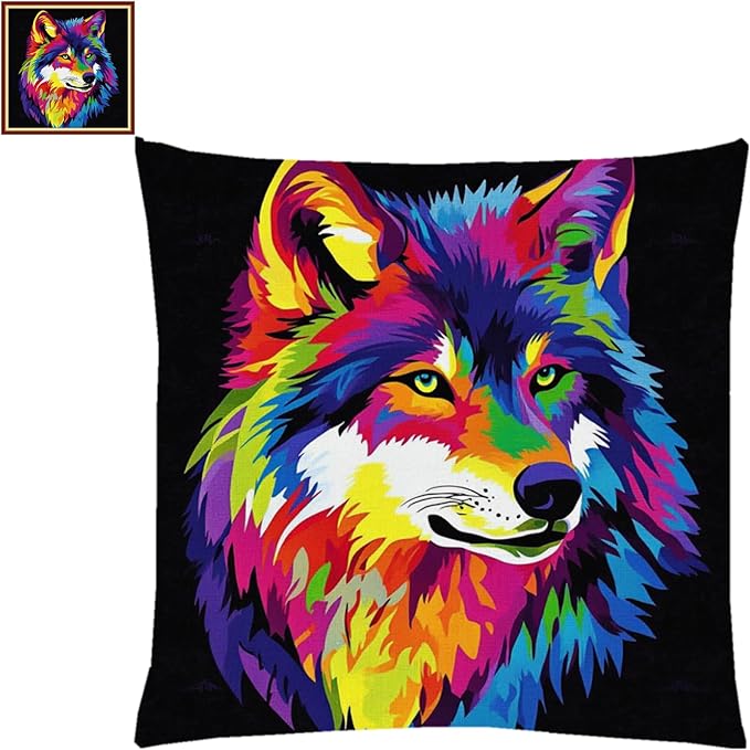 Lovxvouy Pillow Cross Stitch Kits for Adults Beginners-Preprinted Needlepoint Kit Stamped Crossstitching Kits 11CT Cross-Stitch Kit Stitches Kit Embroidery Kits-Colorful Wolf 18x18 inchs
