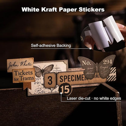 AuriicLeaf Retro Memories Vintage Scrapbook Stickers - 180pcs Aesthetic White Kraft Paper Ephemera Self-Adhesive Die-Cut Designs for Journaling Collage DIY Crafts