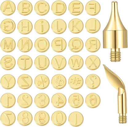 Wood Burning Tip Set 43pcs Brass Alphabet Number Symbol Wood Burning Tool Kit for DIY Craft Embossing Carving on Wood Leather Paper