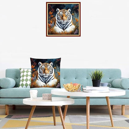 Lovxvouy Pillow Cross Stitch Kits for Adults Beginners-Preprinted Needlepoint Kit Stamped Crossstitching Kits 11CT Cross-Stitch Kit Stitches Kit Embroidery Kits-Forest Tiger 18x18 inchs