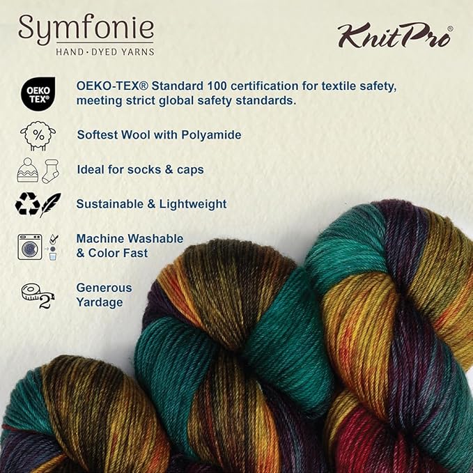 KnitPro Symfonie Hand Dyed Yarn | Extra Fine Merino Wool & Polyamide Blend for Knitting & Crocheting, Fingering Weight, Oeko-TEX Certified 400m, 100g Skein | Terra Variegated Harvest Vine