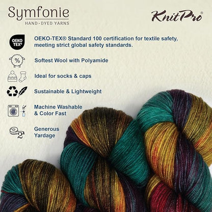 KnitPro Symfonie Hand Dyed Yarn | Extra Fine Merino Wool & Polyamide Blend for Knitting & Crocheting, Fingering Weight, Oeko-TEX Certified 400m, 100g Skein | Terra Variegated Harvest Vine
