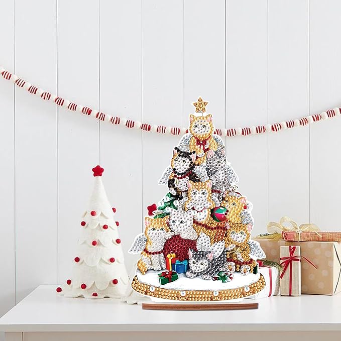 Tontut Diamond Painting Desktop Decoration, Cat Christmas Tree 5D DIY Special Diamond Art Decoration Kit for Adults, Office Desktop or Christmas Holiday Arrangement Crafts