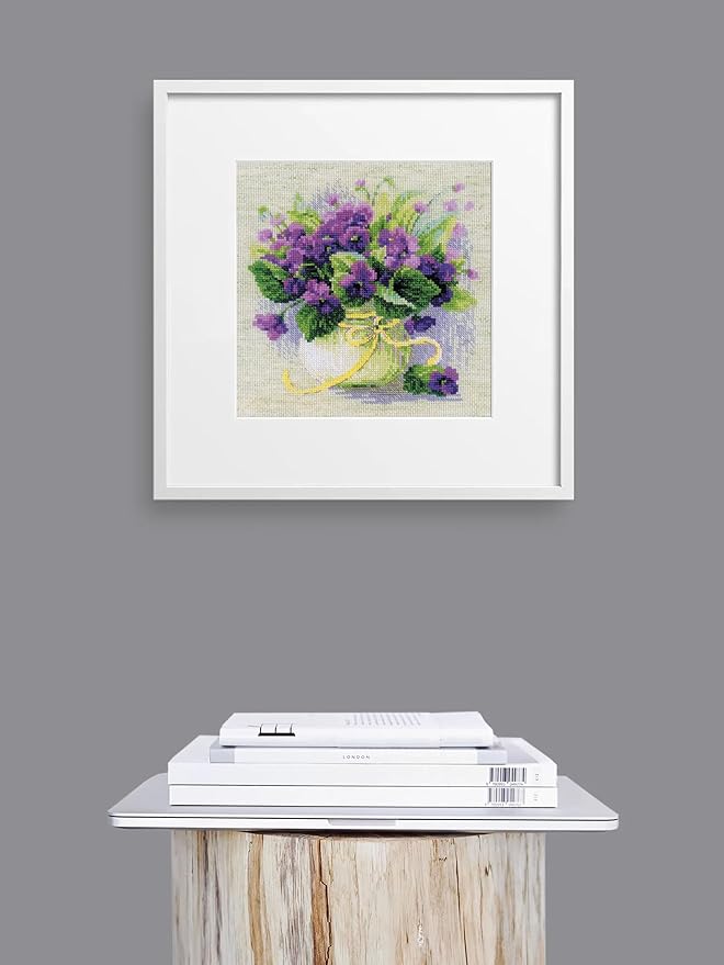 RIOLIS - Violets in a Pot 2091, Cross Stitch Kits 8¾" x 8¾", Cross Stitch Kits for Adults, Floral Counted Cross Stitch Kits, Embroidery Kit for Beginners & Advanced, Crossstitching Kits