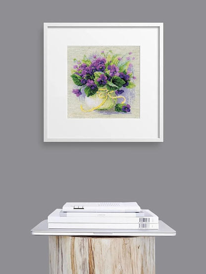 RIOLIS - Violets in a Pot 2091, Cross Stitch Kits 8¾" x 8¾", Cross Stitch Kits for Adults, Floral Counted Cross Stitch Kits, Embroidery Kit for Beginners & Advanced, Crossstitching Kits