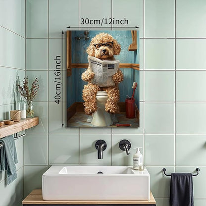 WENGTIAO Funny Dog Framed Canvas Wall Art Brown Poodle On Toilet Reading Newspaper Print Poster Humor Animal Bathroom Painting Pictures Dog Lovers Restroom Artwork for Home Washroom 12x16in
