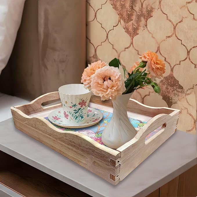 DIY Diamond Art Wooden Tray Kit With Handle, Food Tray for Breakfast, Bar Dinner Table Decoration, Diamond Dots Gem Painting Art Set for Beginners (#02-Birds)