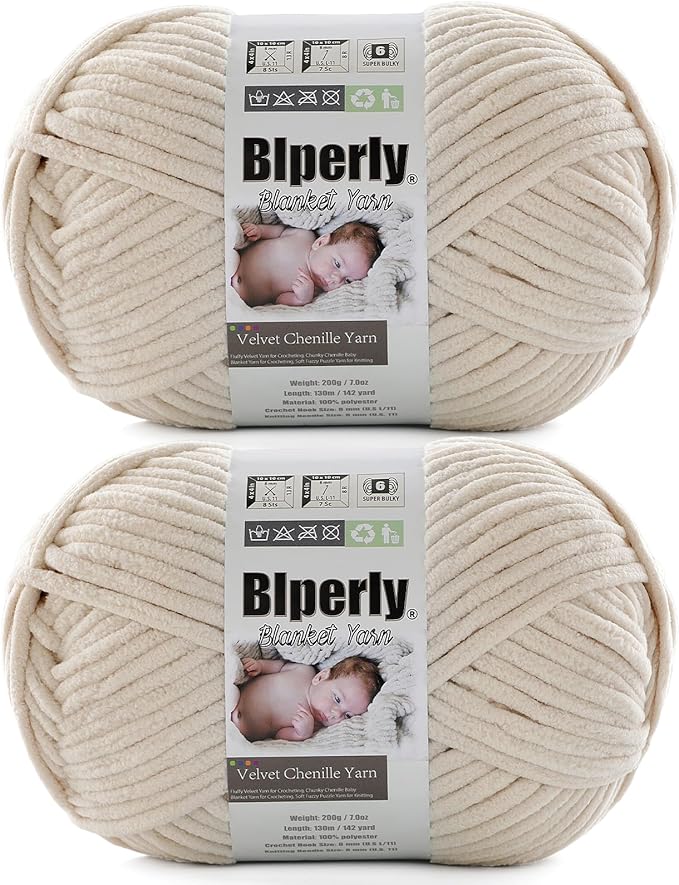 6 Super Bulky Velvet Chenille Yarn for Crocheting - 2 Skein of 200g/7 oz - Ultra Soft Heavy Weight Chunky Knitting Yarn for Baby Blankets, Amigurumi, Home Decor（Beige，2 Skein）