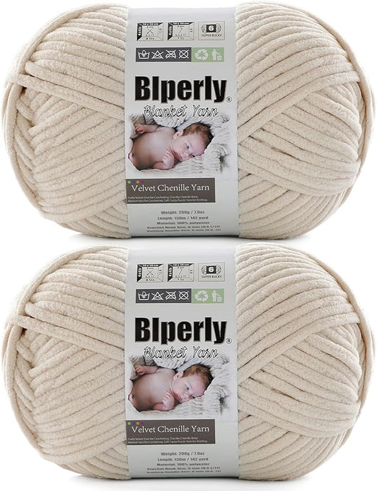 6 Super Bulky Velvet Chenille Yarn for Crocheting - 2 Skein of 200g/7 oz - Ultra Soft Heavy Weight Chunky Knitting Yarn for Baby Blankets, Amigurumi, Home Decor（Beige，2 Skein）