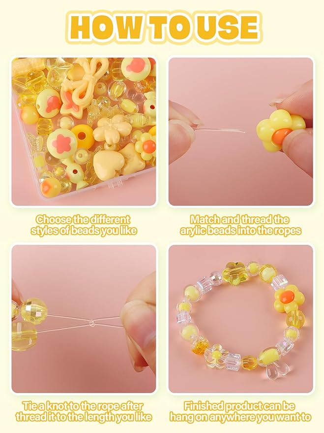 150PCS Acrylic Pastel Beads for Jewelry Making, Kalolary Colorful Bow Butterfly Flower Kawaii Plastic Candy Heart Cute Macaroon Aesthetic Beads for Bracelet Necklace DIY Supplies (Yellow)