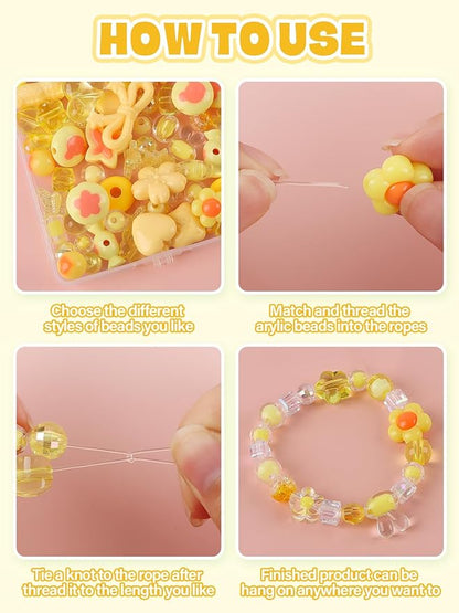 150PCS Acrylic Pastel Beads for Jewelry Making, Kalolary Colorful Bow Butterfly Flower Kawaii Plastic Candy Heart Cute Macaroon Aesthetic Beads for Bracelet Necklace DIY Supplies (Yellow)