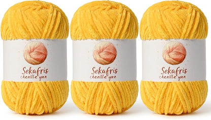 3 Pack Golden Yellow Chunky Chenille Yarn for Crocheting, Bulky Velvet Yarns for Crochet, Baby Yarn for Crocheting Soft Blanket, 393 yds/10.5 oz Fluffy Amigurumi Crochet Yarn
