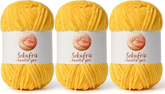 3 Pack Golden Yellow Chunky Chenille Yarn for Crocheting, Bulky Velvet Yarns for Crochet, Baby Yarn for Crocheting Soft Blanket, 393 yds/10.5 oz Fluffy Amigurumi Crochet Yarn