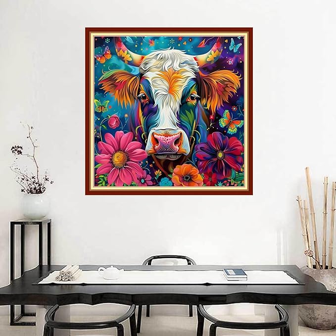 Joyhoor Stamped Cross Stitch Kits for Beginners Needlepoint Kits for Adults Embroidery Kits 11CT Counted Cross Stitch Kits Printed Embroidery Pattern-Colorful Flower Cow 18x18 inchs