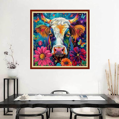 Joyhoor Stamped Cross Stitch Kits for Beginners Needlepoint Kits for Adults Embroidery Kits 11CT Counted Cross Stitch Kits Printed Embroidery Pattern-Colorful Flower Cow 18x18 inchs