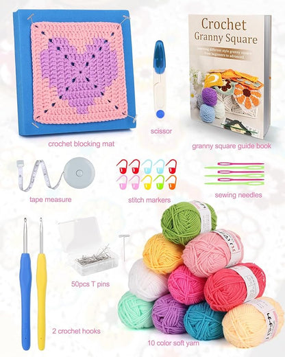 Katech Crochet Kit for Adults - Fruits & Floral Granny Square Set With Blocking Mat, Book - Advanced Beginner Learn to Crochet Granny Squares (GRP D)