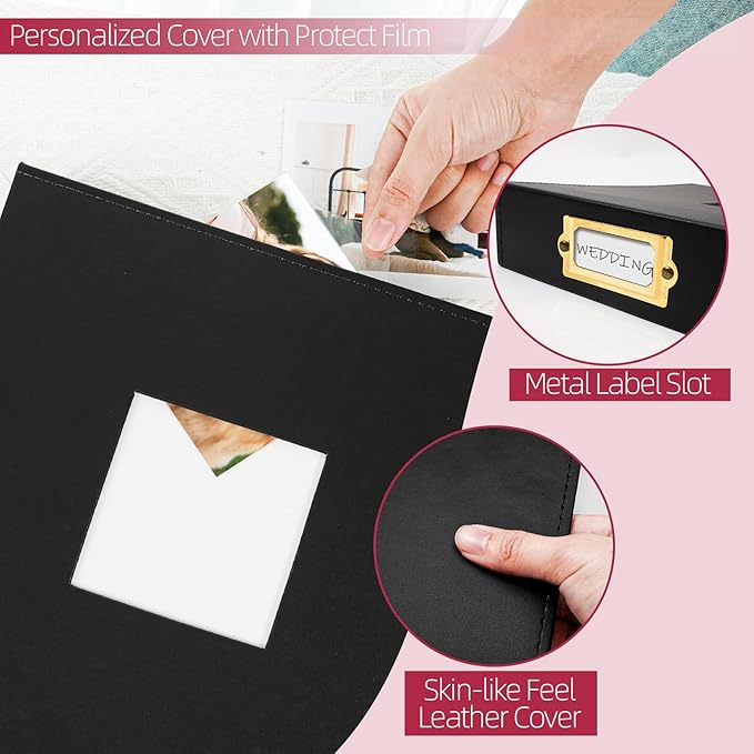 Vienrose 12x12 Inch Large 3 Ring DIY Scrapbook Photo Album Leather Cover Scrap Book Albums Blank Scrapbooks Photobook with 50 Plastic Sleeves 100 Pages for Wedding Baby Family Anniversary (Black)