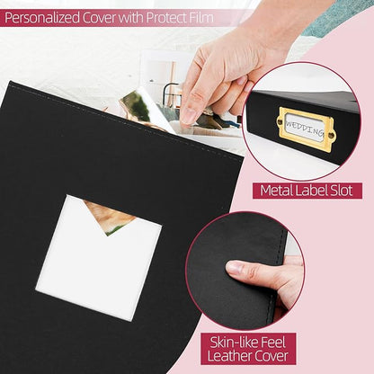 Vienrose 12x12 Inch Large 3 Ring DIY Scrapbook Photo Album Leather Cover Scrap Book Albums Blank Scrapbooks Photobook with 50 Plastic Sleeves 100 Pages for Wedding Baby Family Anniversary (Black)