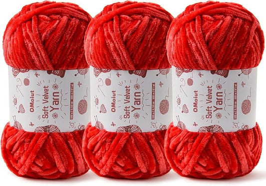 3x100g Fluffy Velvet Chenille Yarn for Crocheting and Knitting, 3x87.4yd Baby Yarn for Crocheting Soft, Crochet Chunky Yarns Amigurumi Yarns (Red)