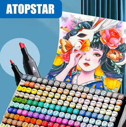 ATOPSTAR 262 Colors Alcohol Markers for Artist Drawing - Dual Tip Art Markers for Adult Coloring Painting Supplies (262 Black Shell)