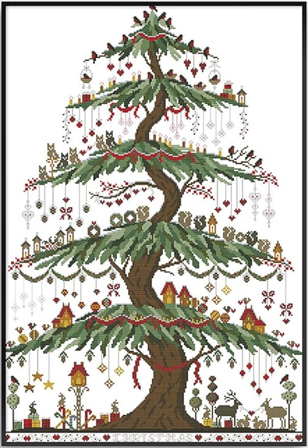 Qeerysew Cross Stitch Kit Stamped Full Range of Embroidery Starter Kits for Beginners DIY- Printed kit Christmas Tree (2) (Printed) 14CT 18.9×25.98 inches