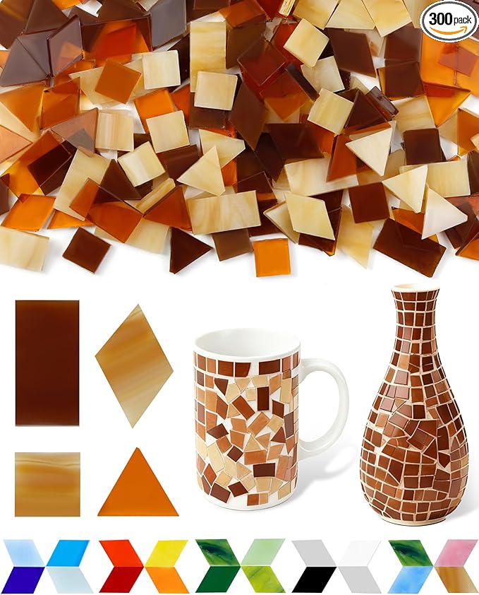 FIVEIZERO 260g Glass Mosaic Tiles for Crafts - 300 Pieces Tiny Mosaic Tile Kit, Irregular Pieces for DIY Craft Jewelry, Coaster Art & Mosaic Kits (Coffee)