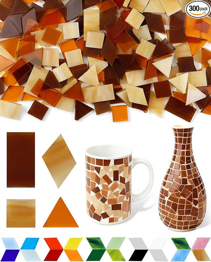 FIVEIZERO 260g Glass Mosaic Tiles for Crafts - 300 Pieces Tiny Mosaic Tile Kit, Irregular Pieces for DIY Craft Jewelry, Coaster Art & Mosaic Kits (Coffee)