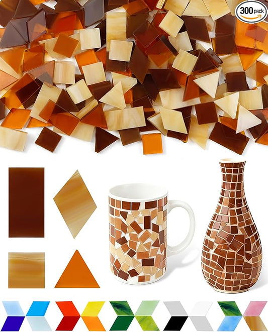 FIVEIZERO 260g Glass Mosaic Tiles for Crafts - 300 Pieces Tiny Mosaic Tile Kit, Irregular Pieces for DIY Craft Jewelry, Coaster Art & Mosaic Kits (Coffee)