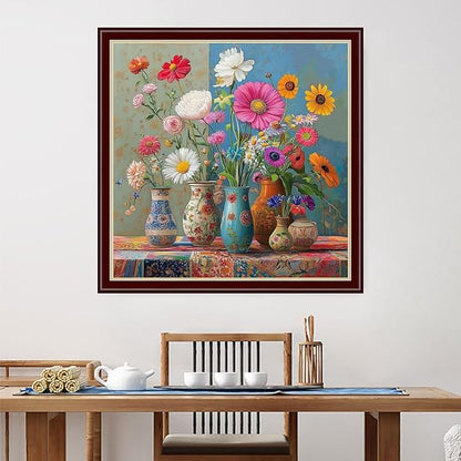 Dimensean Stamped Cross Stitch Kits Full Range of Embroidery Patterns Starter Kits for Beginners Adult DIY Cross Stitches Needlepoint Kits 11CT-Colorful Flowers on The Table 18x18 inch
