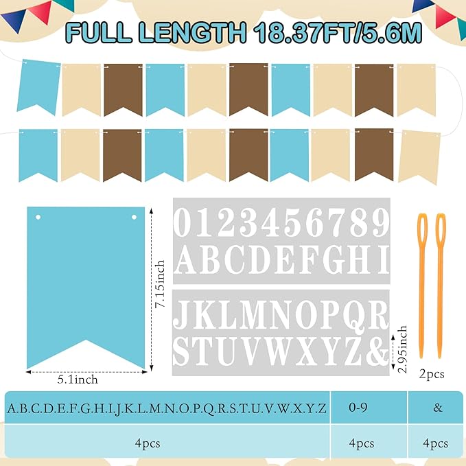 Mooliwe 171 Pcs DIY Custom Banner Kit Make Your Own Customizable Sign for Birthday Wedding Party Decoration Include 20 Paper Pennant 148 Letters and Numbers 1 Rope 2 Threading Device (Blue Brown)