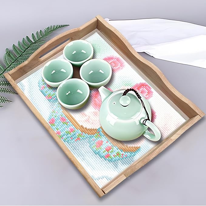 DIY Art Painting Wooden Tray Kit, Food Tray with Handle Diamond Painted Table Decoration Tray, for Breakfast, Bar Dinner Table Diamond Dots Gem Painting Art Set for Beginners (#31-Cake)