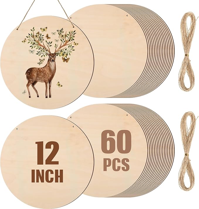 Suzile 60 Pcs 12 Inch Wood Rounds for Crafts Unfinished Blank Wooden Circle Signs Discs for DIY Christmas Home Decor Painting Door Hanger