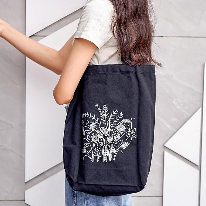 Craftdady Canvas Tote Bag Embroidery Kit Black Canvas Bag with Flower Patterns Instructions Embroidery Bag Embroidery Hoops Color Threads and Tool for DIY Beginners