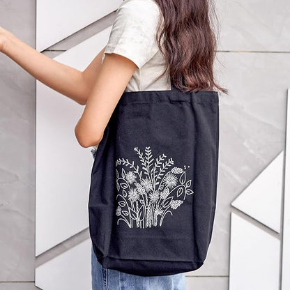 Craftdady Canvas Tote Bag Embroidery Kit Black Canvas Bag with Flower Patterns Instructions Embroidery Bag Embroidery Hoops Color Threads and Tool for DIY Beginners